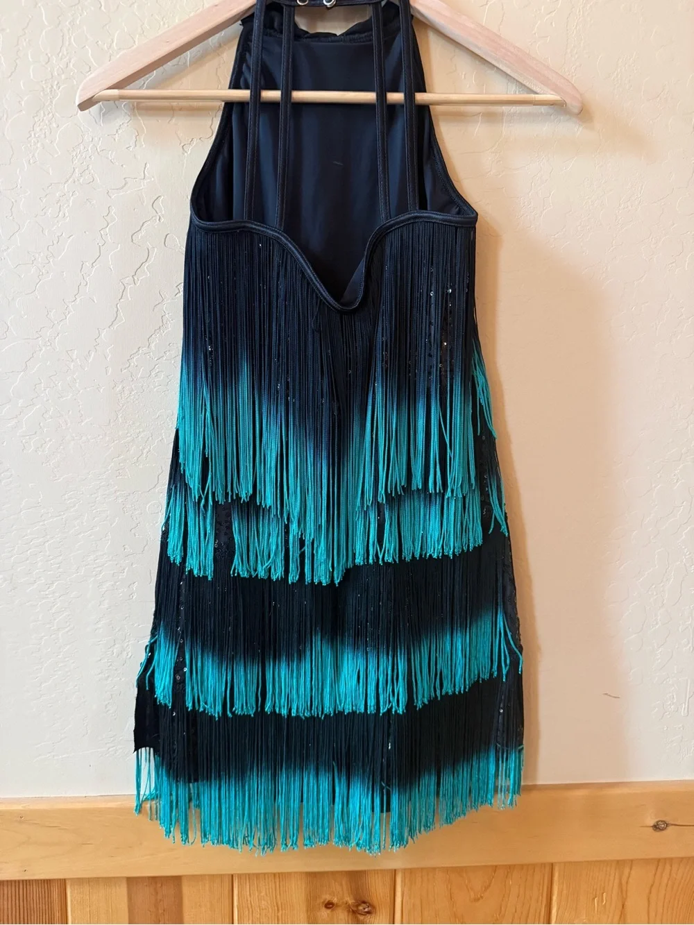 Weissman LC Black Turquoise Fringe Dance Costume Sequin Halter Jazz Lyrical